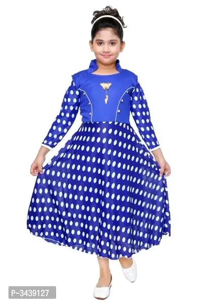 Girls Blue Coloured Imported Polka Dotted Printed Lycra Blended Frock-thumb0