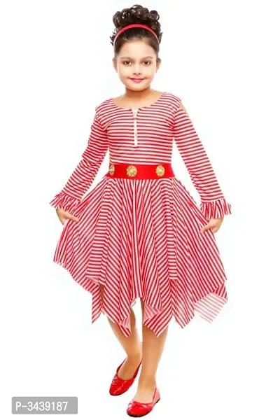 Red Polycotton Striped Frock For Girls