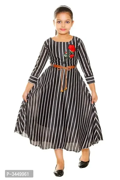 RNR FASHION Girls Black and White Colored Imported Lycra Blended Striped Long/Ankle Length 3/4 Sleeve Gown Frock(RNR062)-thumb0