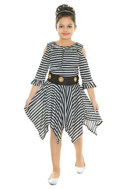 RNR FASHION Girls and Colored Imported Striped Lycra Blended Midi/Knee Length 3/4 Sleeve Frock(RNR071)