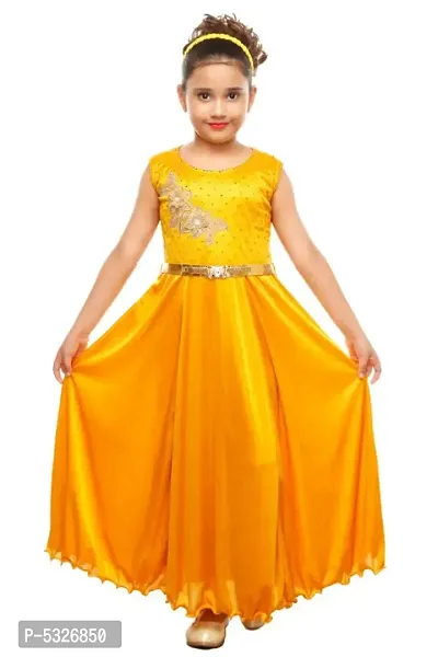 Fashion Girls Golden Colored Sleeveless Party Wear Full Length Gown Frock