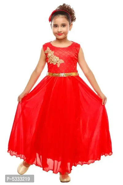 Girls Red Colored Sleeveless Party Wear Full Length Gown Frock