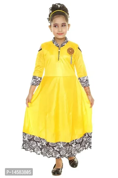 Girls Party Wear Yellow Colored Gown Frock Dress-thumb0