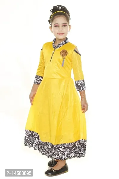 Girls Party Wear Yellow Colored Gown Frock Dress-thumb2