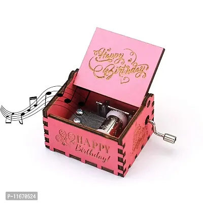 Caaju Happy Birthday Music Box Hand Crank Carved Wooden Musical Box,Musical Gift,Play Happy Birthday,Pink