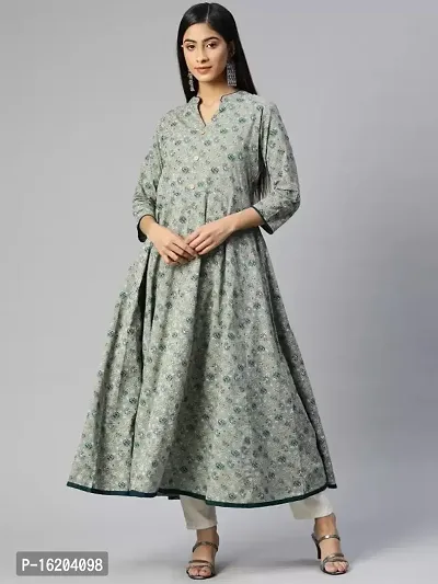 A-Line Grey  Cotton  Semi Stitched Kurta For Women