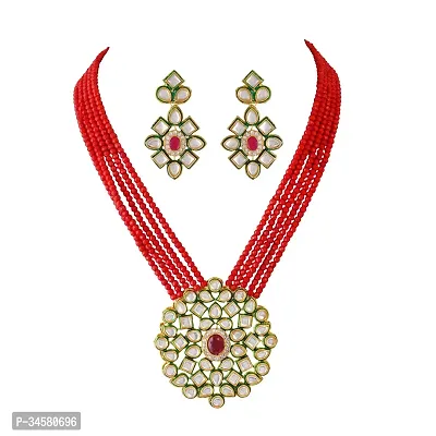 Stylish Red Glass Necklace Chain With Earrings For Women-thumb0