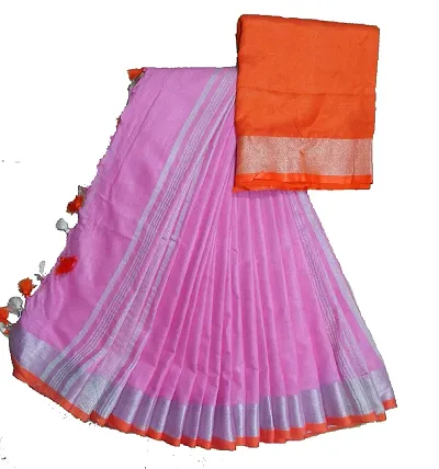 Handloom Fabric Women's Linen Viscose Saree with Blouse Piece, HF 002-SR (Pink)