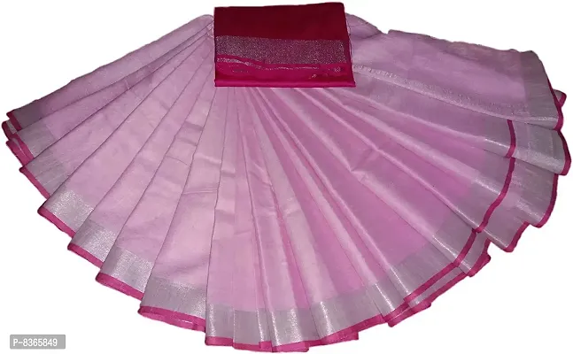Handloom Fabrics women's Pink Color Linen Slub Saree With Unsstitched Contrast Blouse Piece