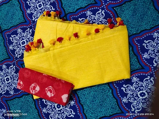 maatara handloom Women's linen slub Bhagalpuri Saree with Red Handblock print blouse piece ( MJ5 , Yellow )-thumb4