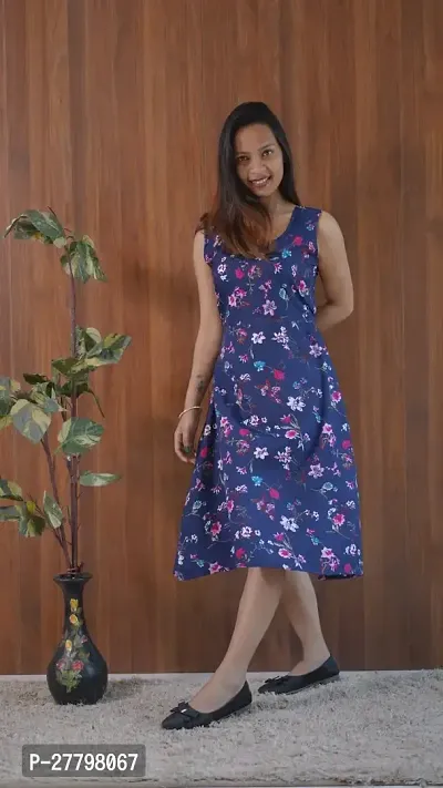 Stylish Navy Blue Crepe Printed Dress For Women