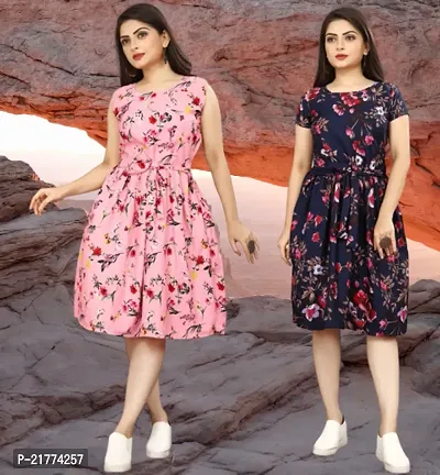 Stylish Multicoloured Crepe Printed Dresses For Women Pack Of 2-thumb0