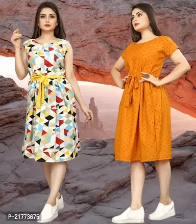 Stylish Multicoloured Crepe Printed Dresses For Women Pack Of 2