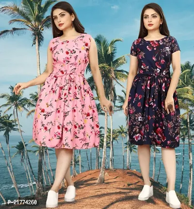 Stylish Multicoloured Crepe Printed Dresses For Women Pack Of 2