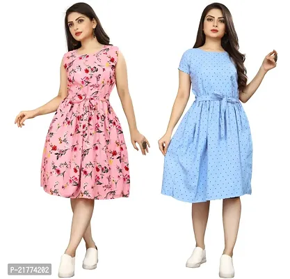 Stylish Multicoloured Crepe Printed Dresses For Women Pack Of 2-thumb0