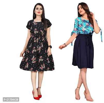 Stylish Multicoloured Crepe Printed Dresses Women Pack Of 2