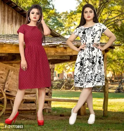 Stylish Multicoloured Crepe Printed Dresses For Women Pack Of 2