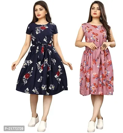 Stylish Multicoloured Crepe Printed Dresses For Women Pack Of 2-thumb0