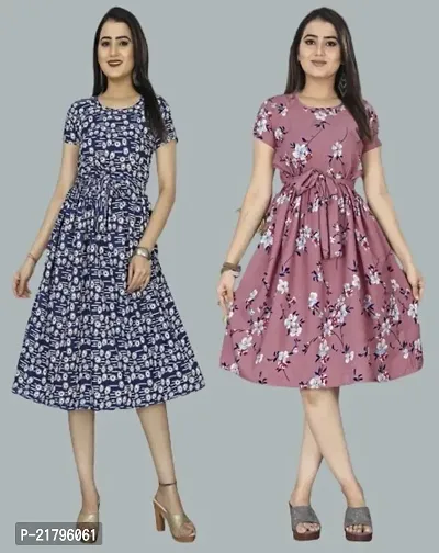 Stylish Multicoloured Crepe Printed Dresses Women Pack Of 2