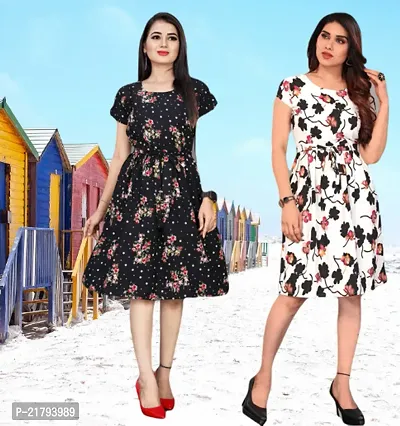 Stylish Multicoloured Crepe Printed Dresses Women Pack Of 2