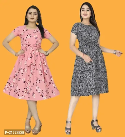 Stylish Multicoloured Crepe Printed Dresses For Women Pack Of 2