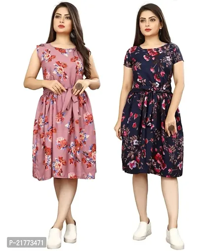 Stylish Multicoloured Crepe Printed Dresses For Women Pack Of 2