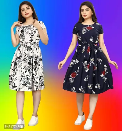 Stylish Multicoloured Crepe Printed Dresses For Women Pack Of 2