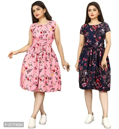 Stylish Multicoloured Crepe Printed Dresses For Women Pack Of 2