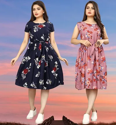 Fancy Printed Fit & Flare Dress Combo of 2