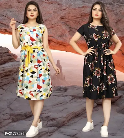 Stylish Multicoloured Crepe Printed Dresses For Women Pack Of 2-thumb0