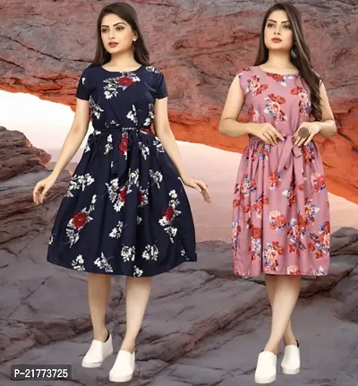 Stylish Multicoloured Crepe Printed Dresses For Women Pack Of 2-thumb0