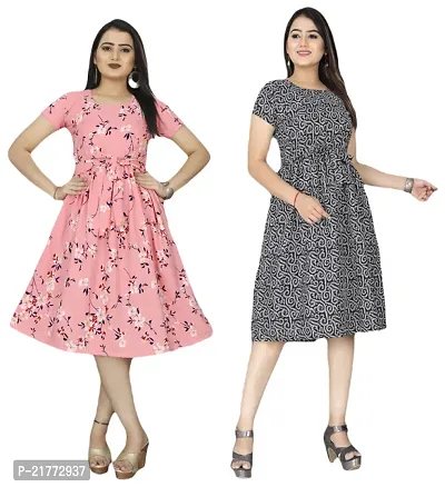 Stylish Multicoloured Crepe Printed Dresses For Women Pack Of 2-thumb0