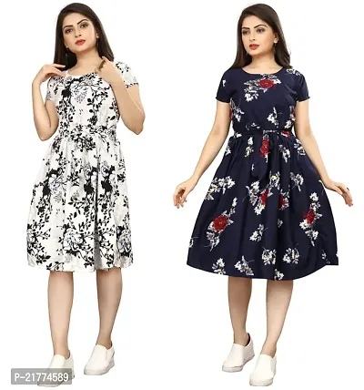 Stylish Multicoloured Crepe Printed Dresses For Women Pack Of 2