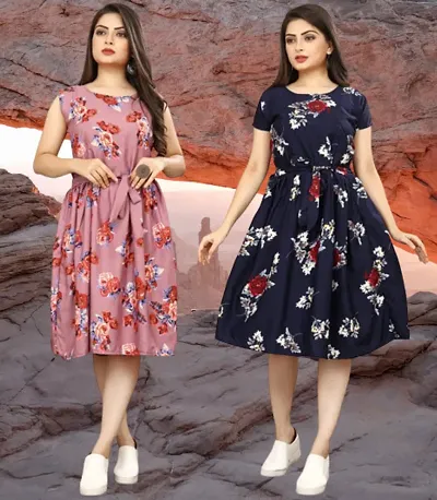 Fancy Printed Fit & Flare Dress Combo of 2