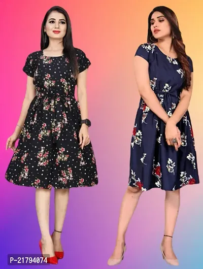 Stylish Multicoloured Crepe Printed Dresses Women Pack Of 2-thumb0