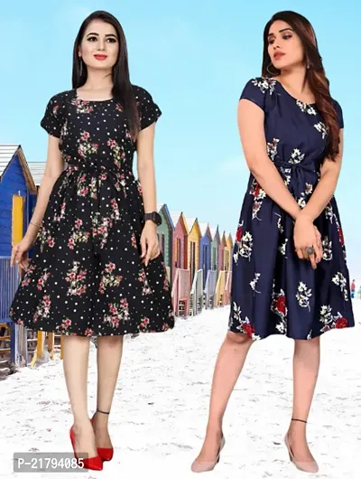 Stylish Multicoloured Crepe Printed Dresses Women Pack Of 2