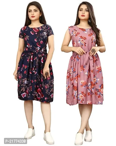 Stylish Multicoloured Crepe Printed Dresses For Women Pack Of 2