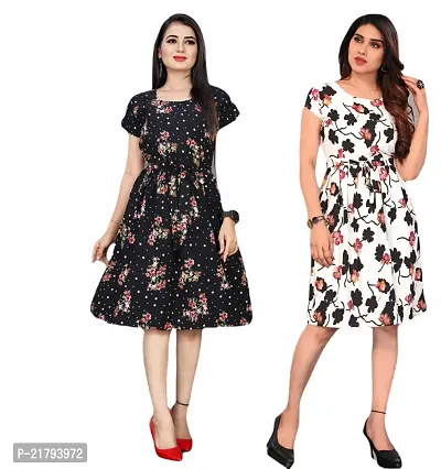 Stylish Multicoloured Crepe Printed Dresses Women Pack Of 2