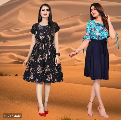 Stylish Multicoloured Crepe Printed Dresses Women Pack Of 2-thumb0