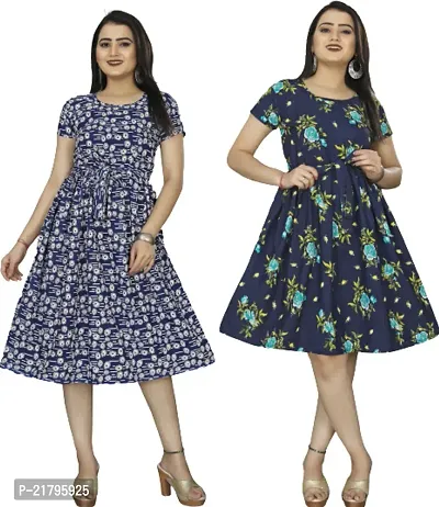 Stylish Multicoloured Crepe Printed Dresses Women Pack Of 2