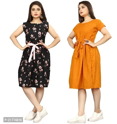 Stylish Multicoloured Crepe Printed Dresses For Women Pack Of 2-thumb0