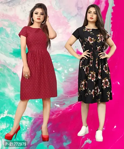 Stylish Multicoloured Crepe Printed Dresses For Women Pack Of 2