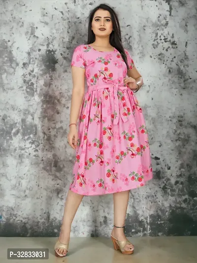 Stylish Pink Crepe Printed Dress For Women-thumb0