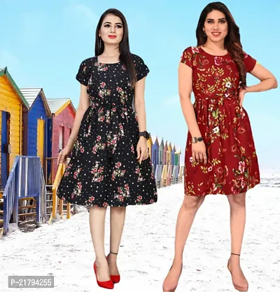 Stylish Multicoloured Crepe Printed Dresses Women Pack Of 2-thumb0