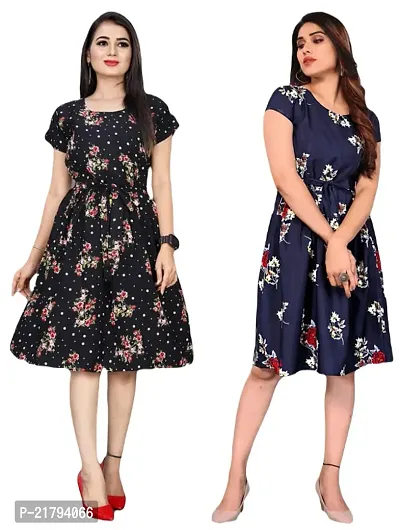 Stylish Multicoloured Crepe Printed Dresses Women Pack Of 2