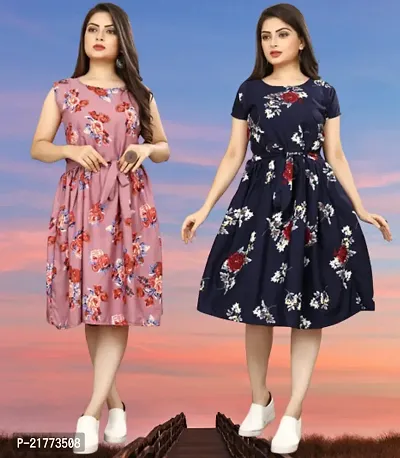 Stylish Multicoloured Crepe Printed Dresses For Women Pack Of 2-thumb0