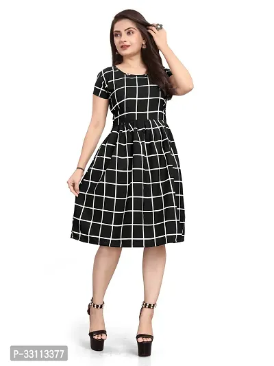 Stylish Black Crepe Checked Fit And Flare Dress For Women-thumb0