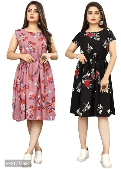 Stylish Multicoloured Crepe Printed Dresses For Women Pack Of 2-thumb0