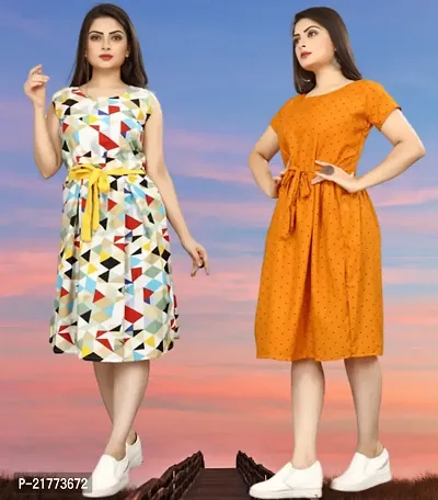 Stylish Multicoloured Crepe Printed Dresses For Women Pack Of 2