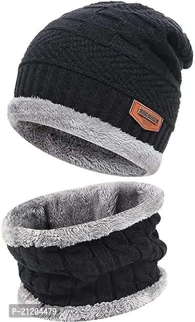 Woolen Winter Cap for WOMEN  MEN  with Neck Muffler Warn Soft for Snow | Knit Beanie Cap Hat Neck Warmer Scarf Set for Women (2 Piece Set)